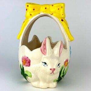 Vintage Hand-Painted Ceramic Bunny Easter Basket with Yellow Bow
